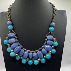 Talbots Blue and Brass Gold Statement Bib Necklace Glass Beads